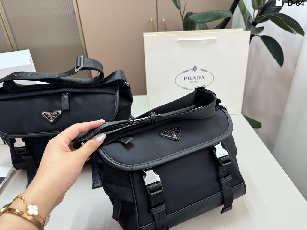 Prada Black Nylon Double-Buckle Messenger Bag — front