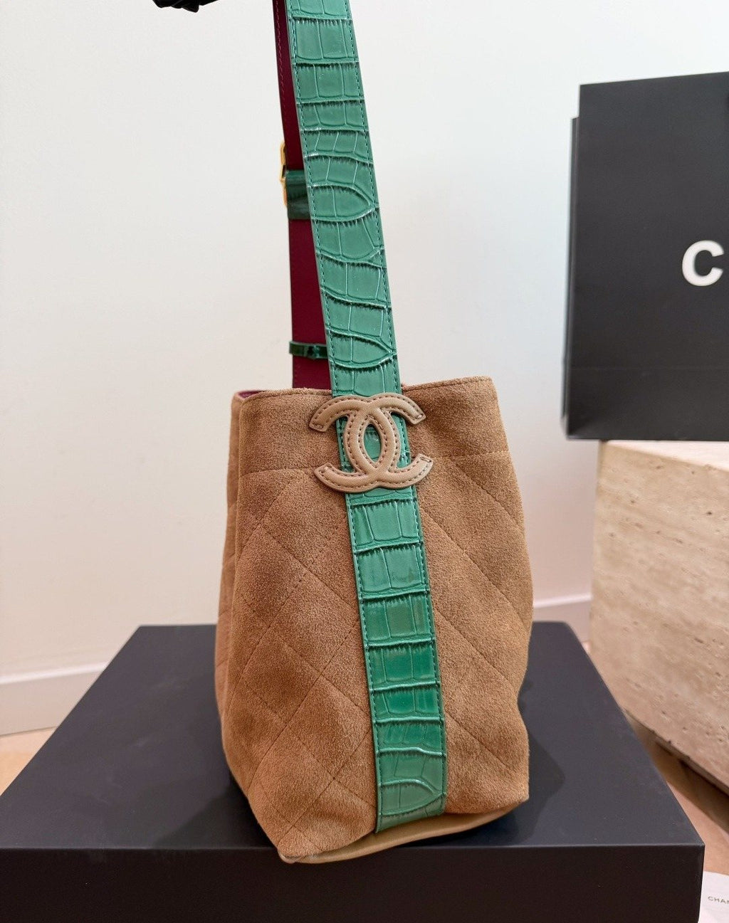 Chanel Contrast-Trim Drawstring Bucket Bag — side