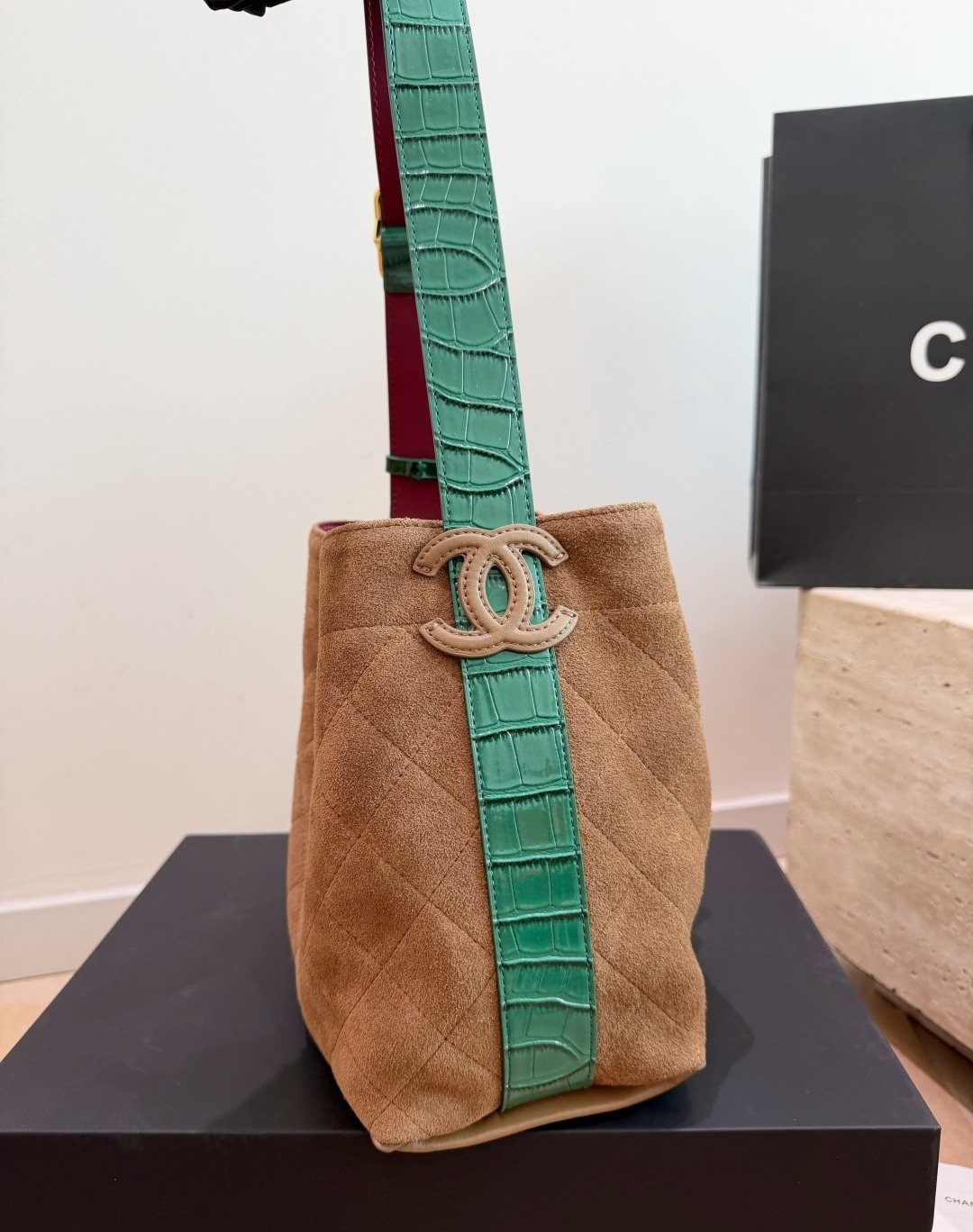 Chanel Contrast-Trim Drawstring Bucket Bag — side