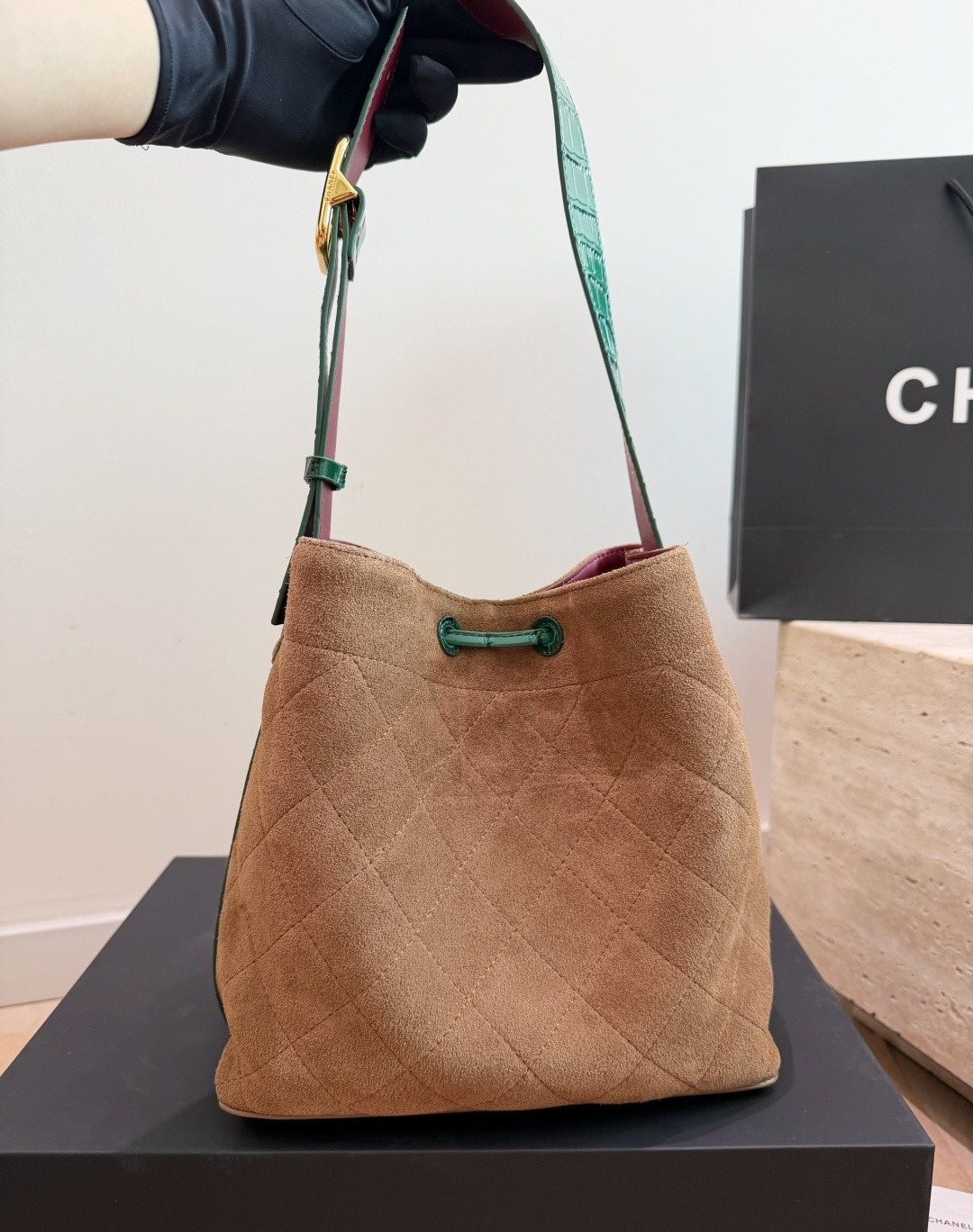 Chanel Contrast-Trim Drawstring Bucket Bag — back