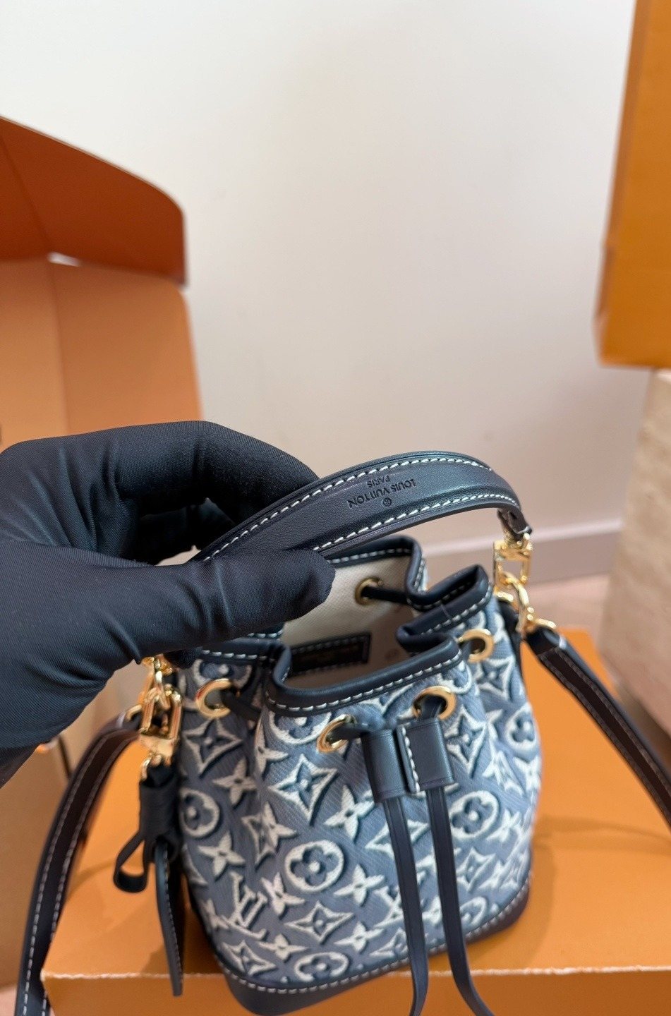 Louis Vuitton Nano Noe Blue-Gray Monogram Bucket Bag — detail