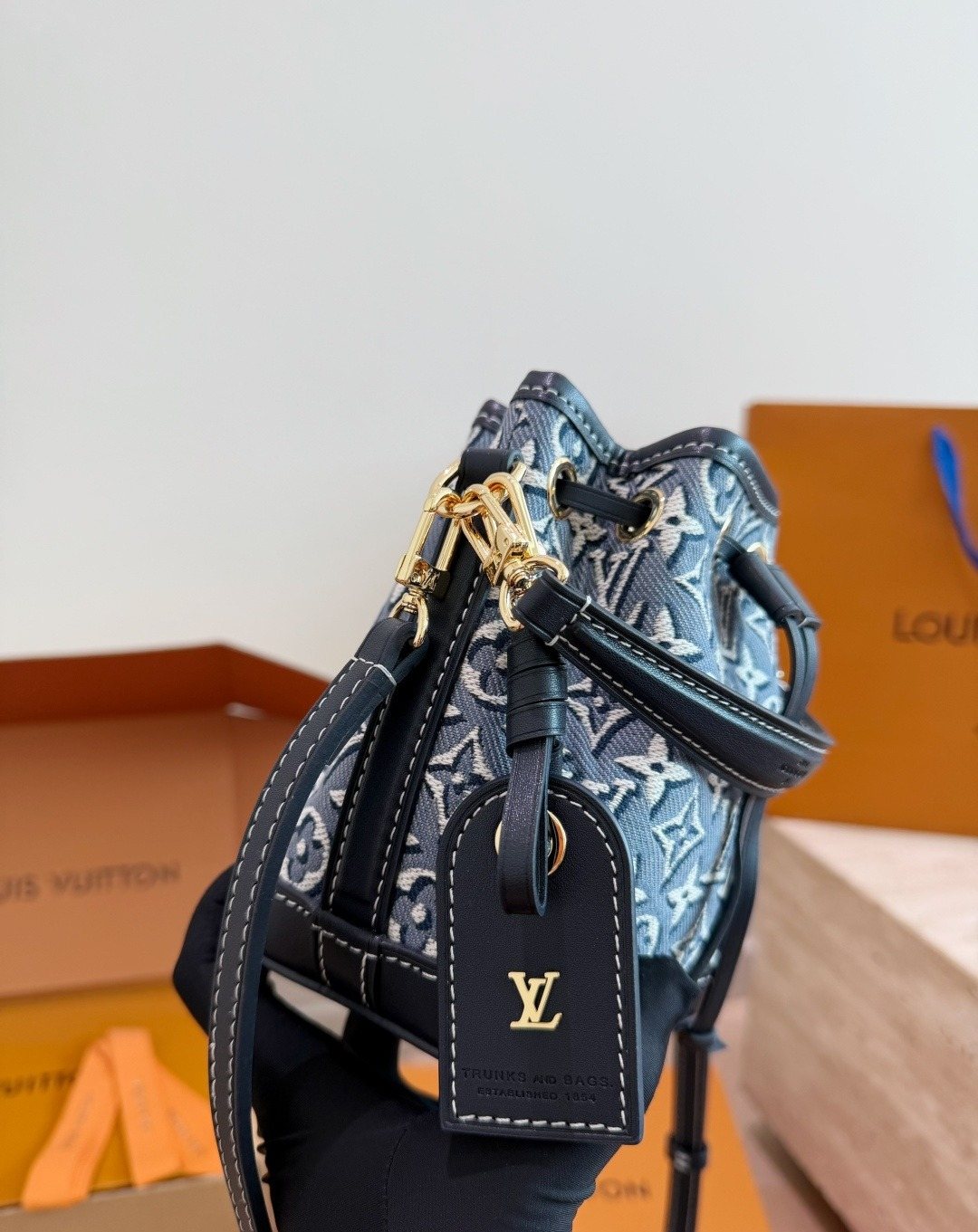 Louis Vuitton Nano Noe Blue-Gray Monogram Bucket Bag — side