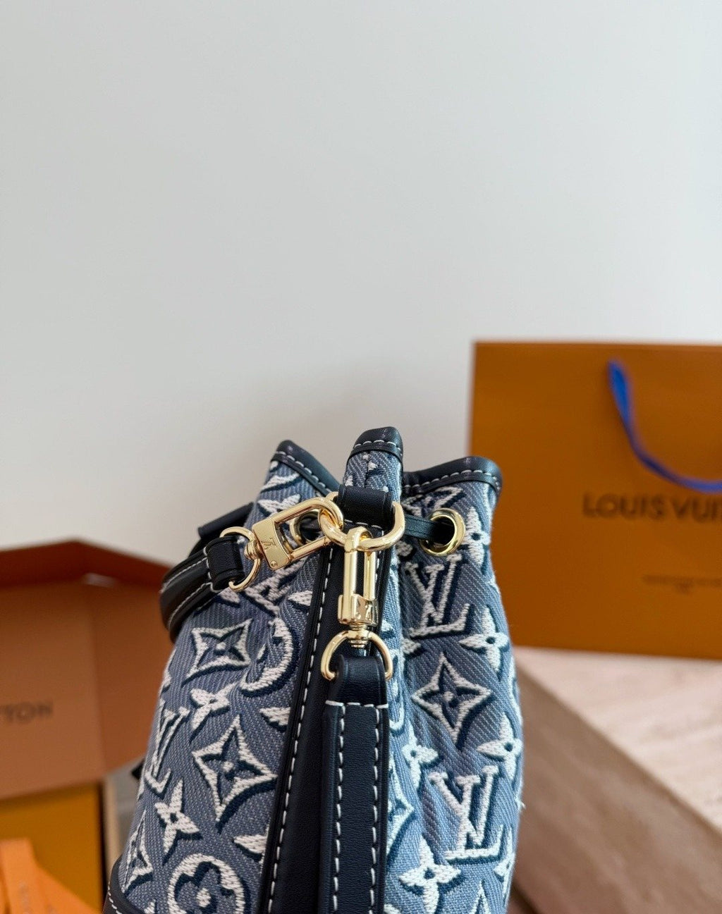 Louis Vuitton Nano Noe Blue-Gray Monogram Bucket Bag — detail