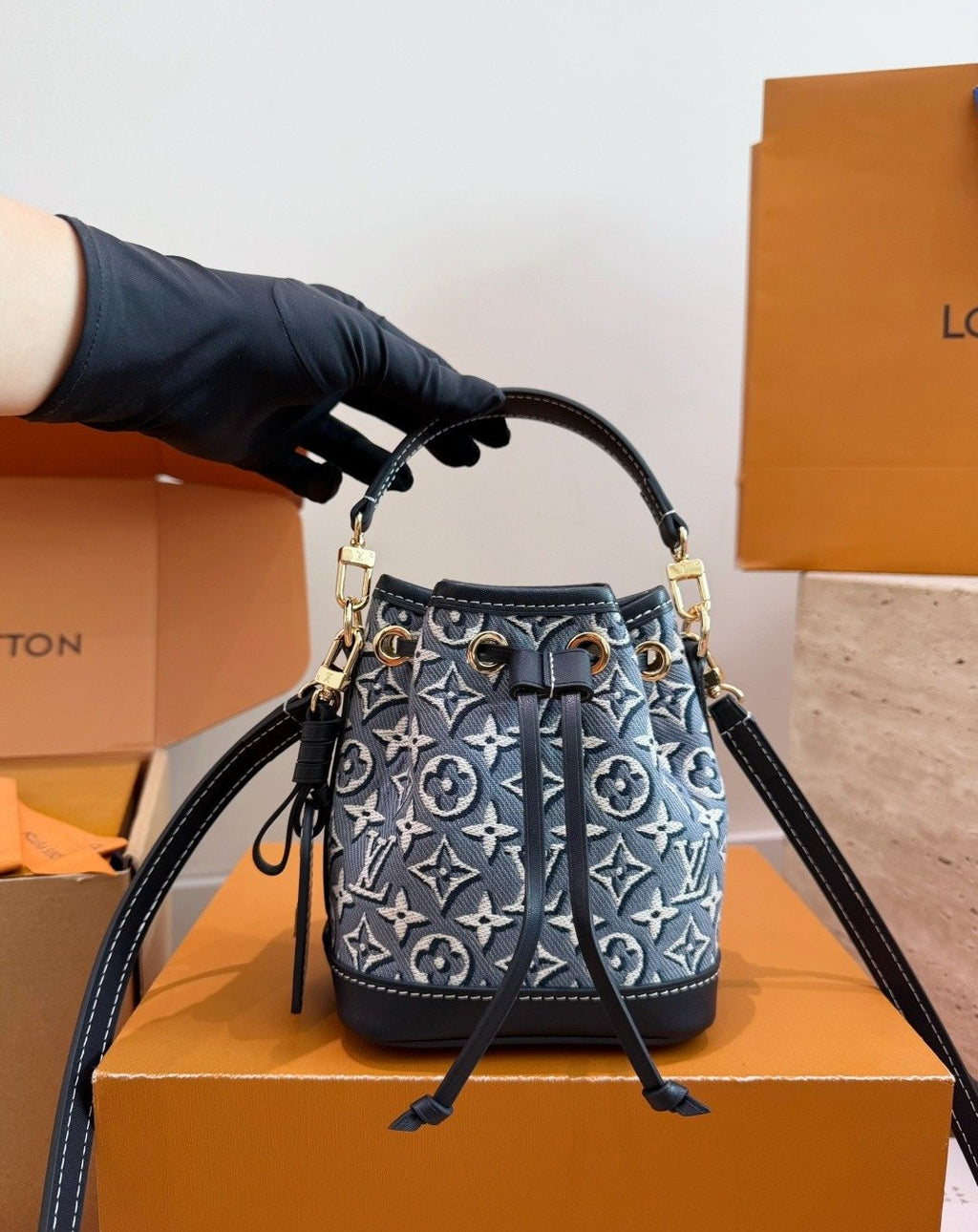 Louis Vuitton Nano Noe Blue-Gray Monogram Bucket Bag — model