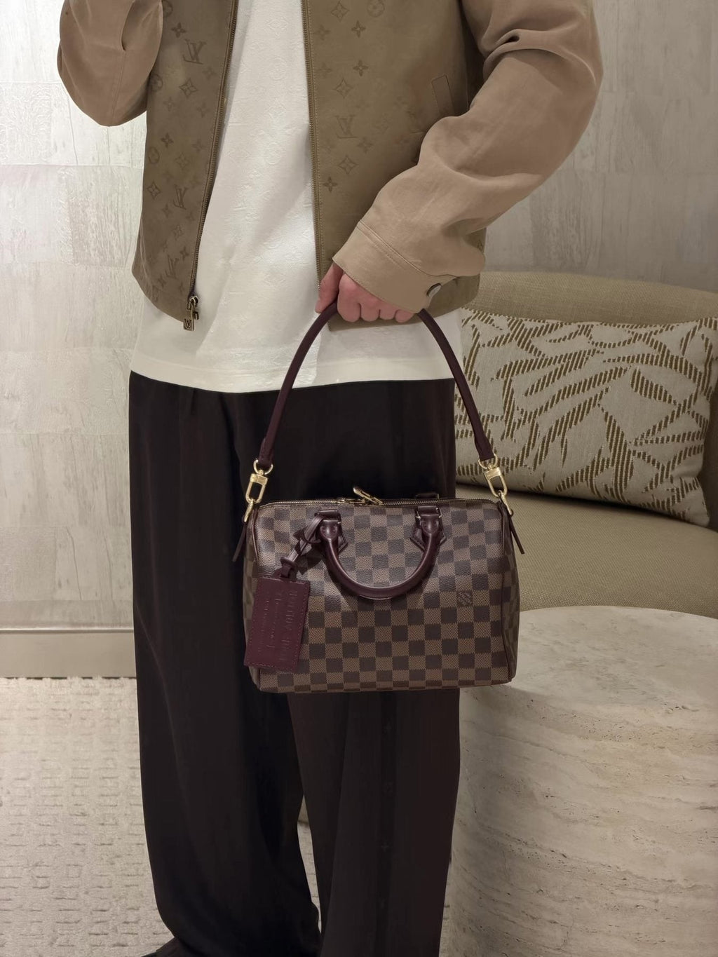 Louis Vuitton Brown Checker Satchel with Burgundy Trim — model