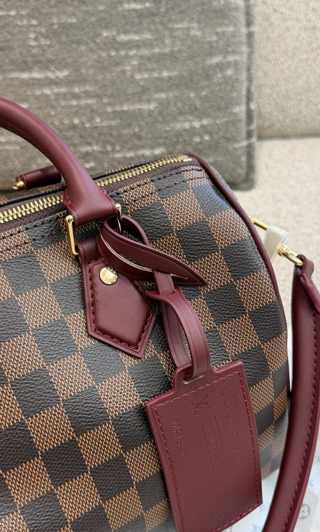 Louis Vuitton Brown Checker Satchel with Burgundy Trim — detail