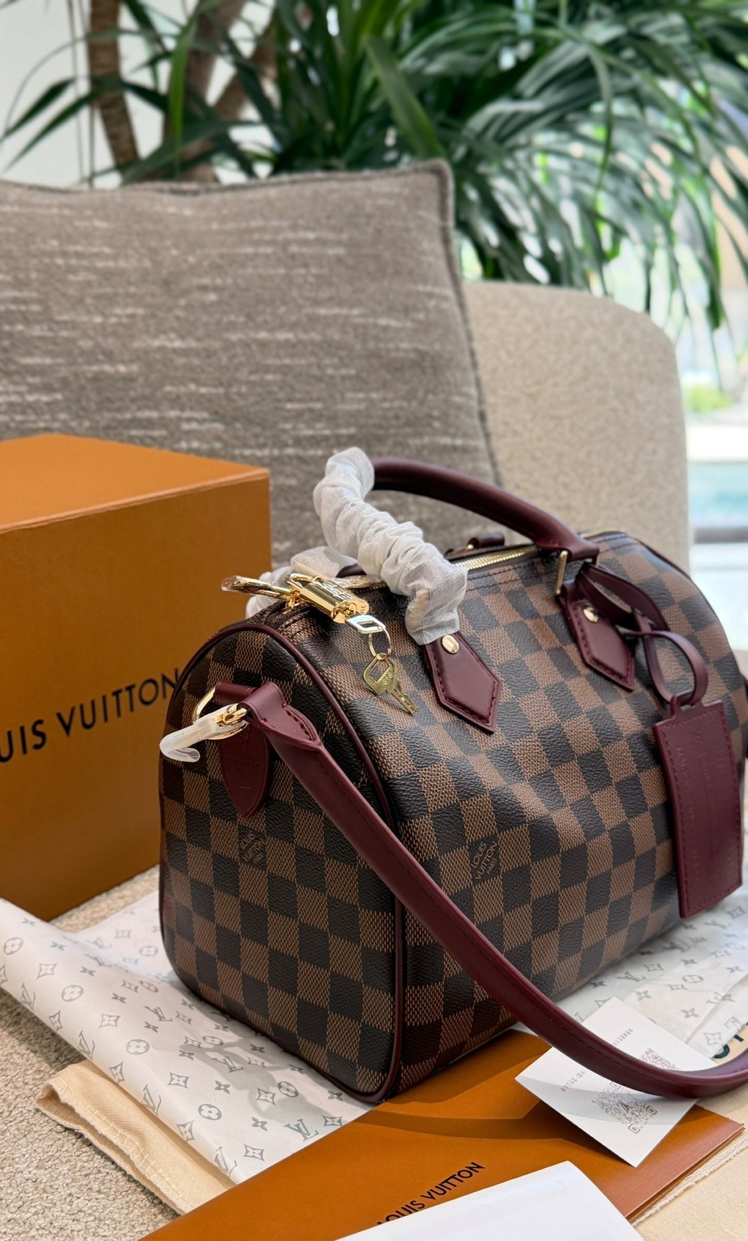 Louis Vuitton Brown Checker Satchel with Burgundy Trim — side