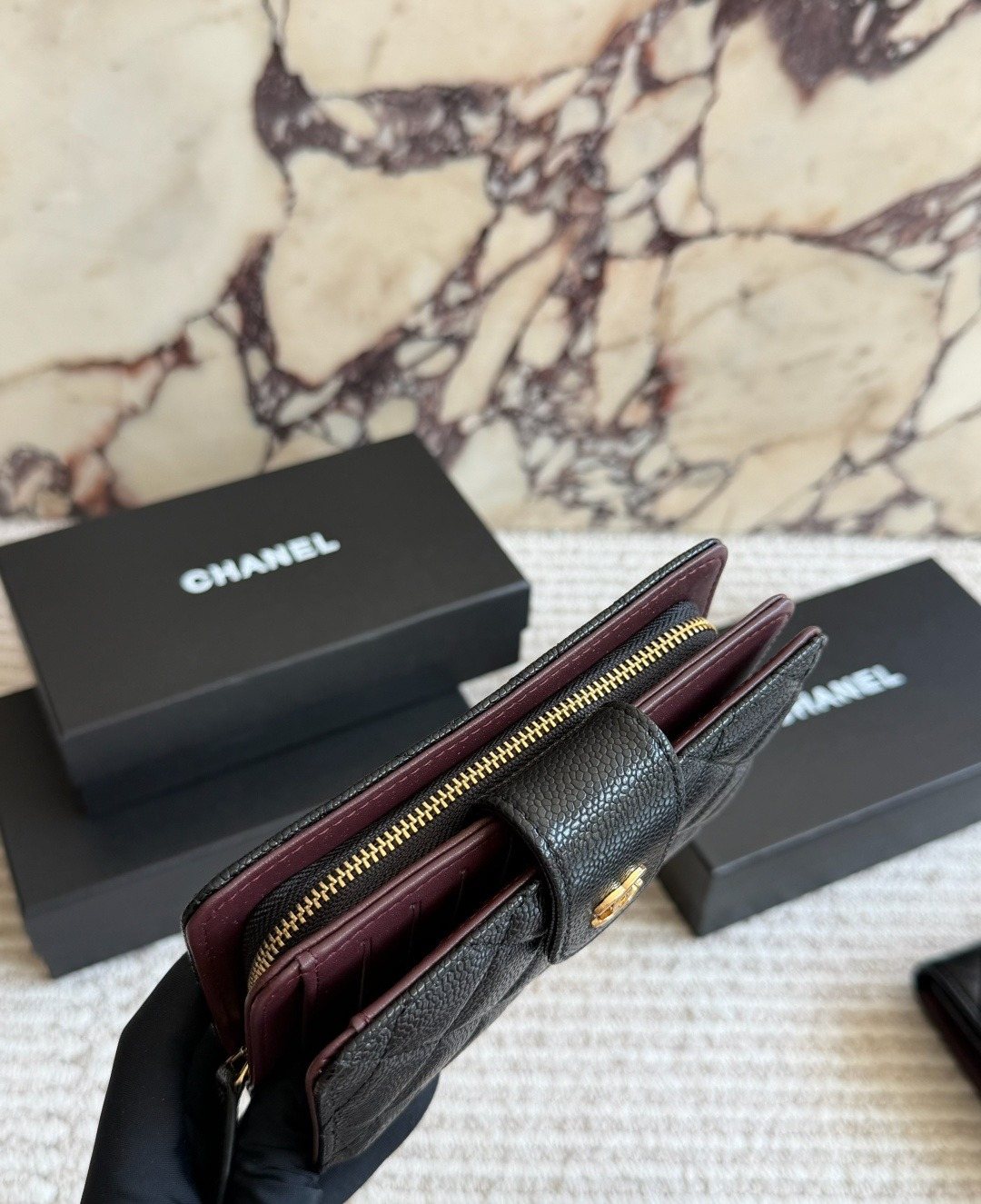 Chanel Diamond-Quilted Tab Wallet — detail