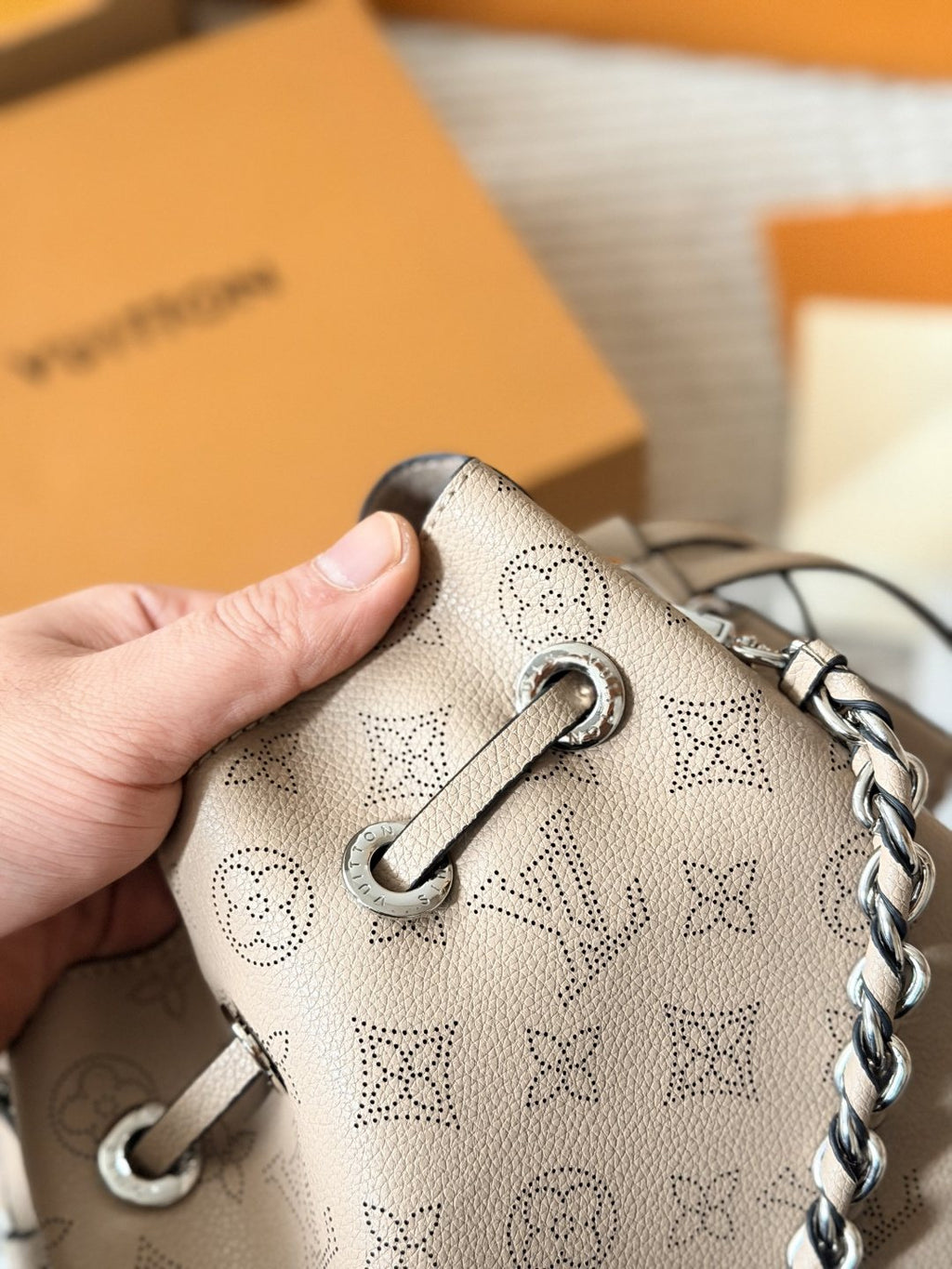 Louis Vuitton Bella Perforated Monogram Bucket Bag — detail