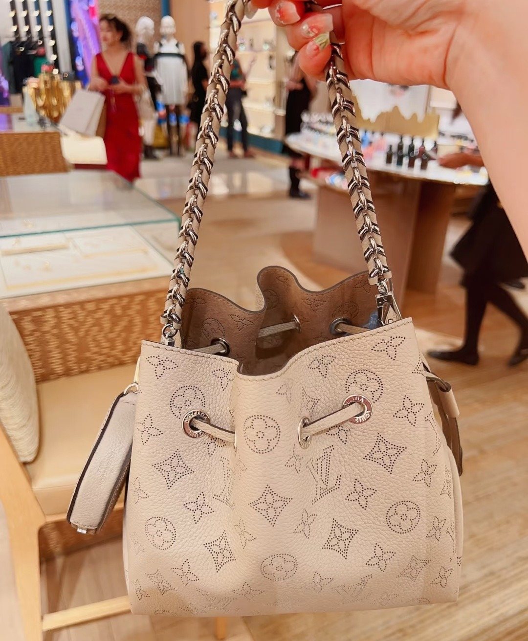 Louis Vuitton Bella Perforated Monogram Bucket Bag — detail
