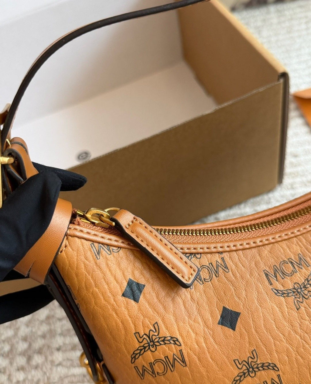 MCM Monogram Curved Hobo Shoulder Bag — detail