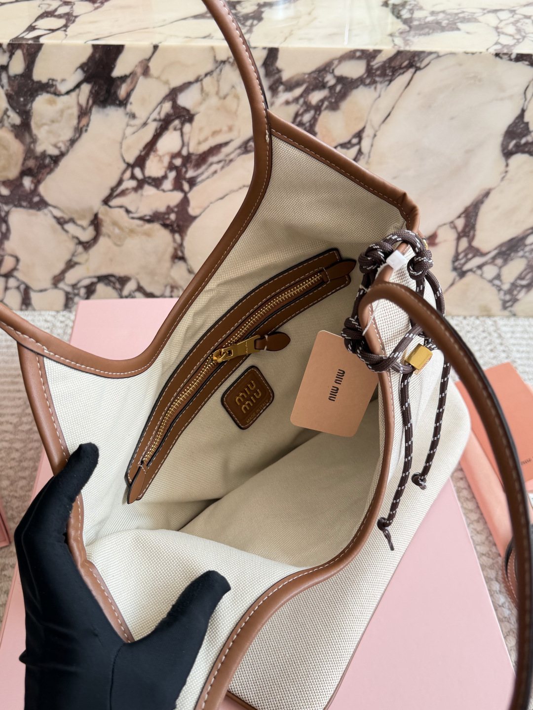 Miu Miu Ivy Canvas Tote Bag with Brown Trim — front