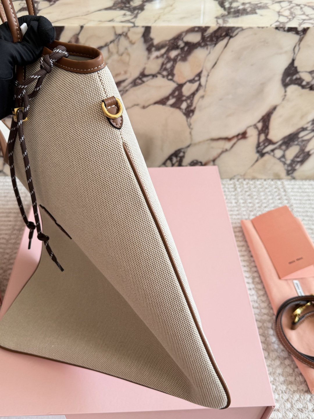 Miu Miu Ivy Canvas Tote Bag with Brown Trim — side