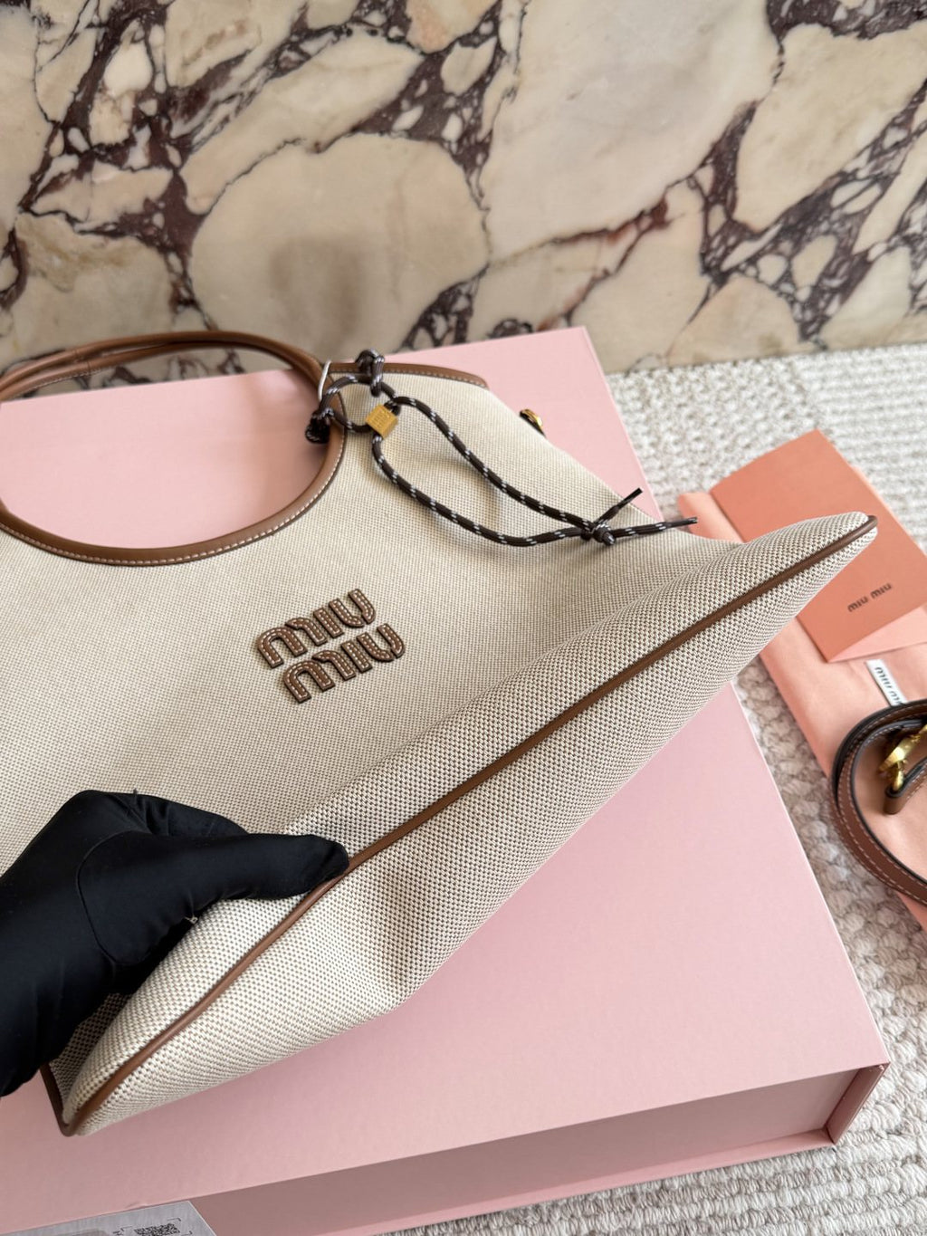 Miu Miu Ivy Canvas Tote Bag with Brown Trim — front