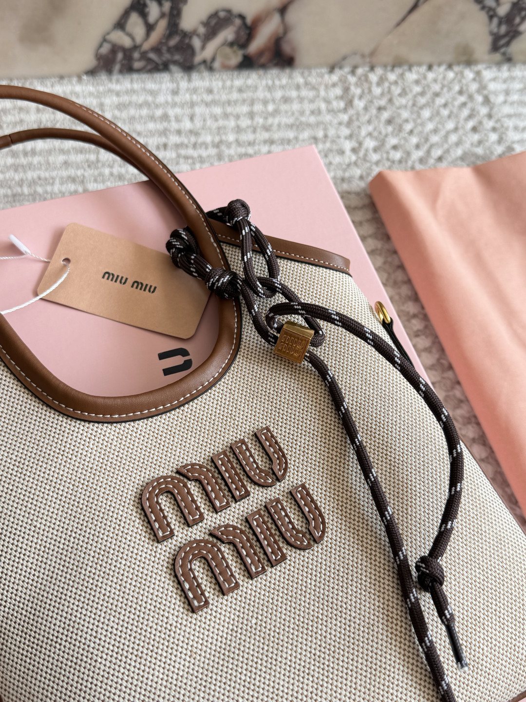 Miu Miu Ivy Canvas Tote Bag with Brown Trim — detail