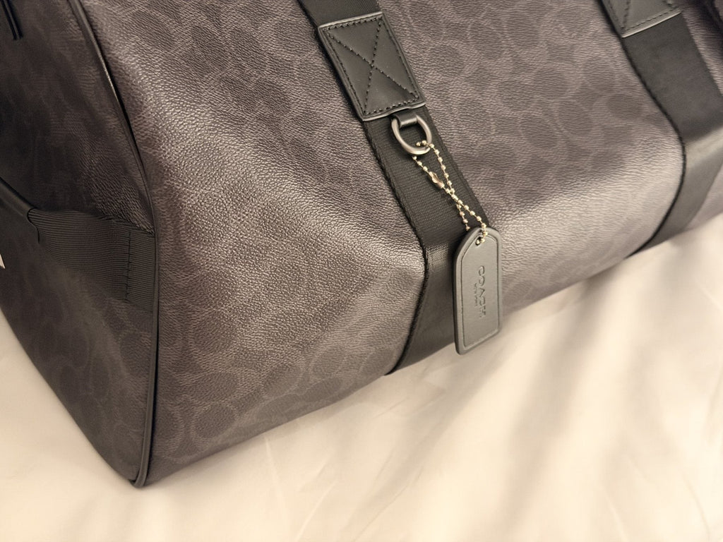 Dark Brown Patterned Duffel Bag with Black Trim — detail