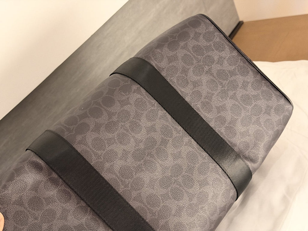 Dark Brown Patterned Duffel Bag with Black Trim — detail