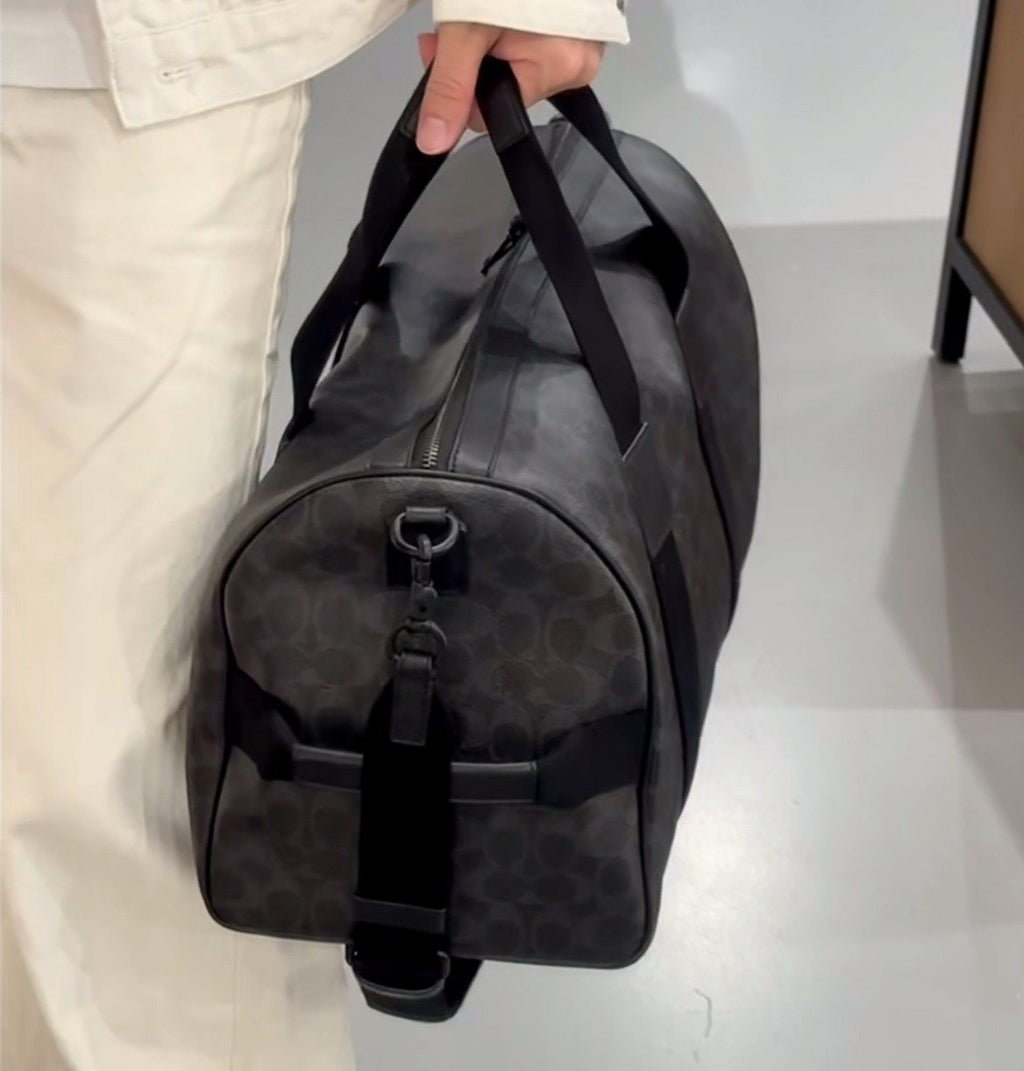Dark Brown Patterned Duffel Bag with Black Trim — model