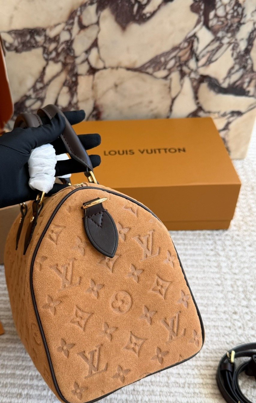 Louis Vuitton Speedy Camel Embossed Monogram Handbag — side