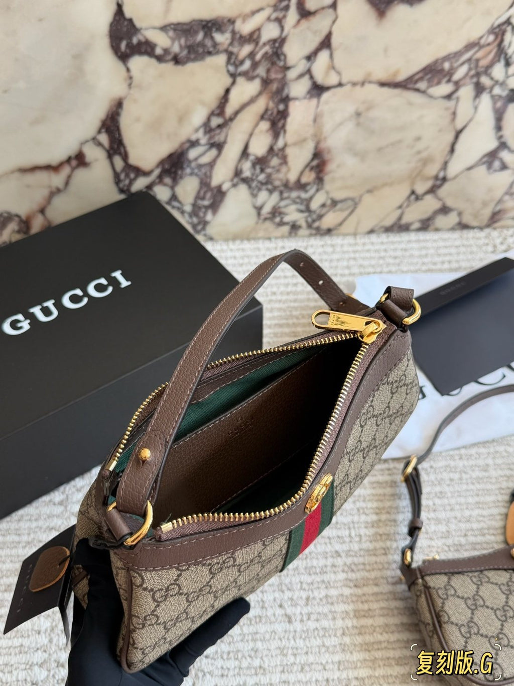 Gucci Monogram Baguette Shoulder Bag with Web Stripe — front