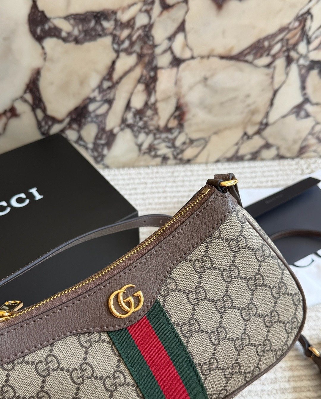 Gucci Monogram Baguette Shoulder Bag with Web Stripe — detail
