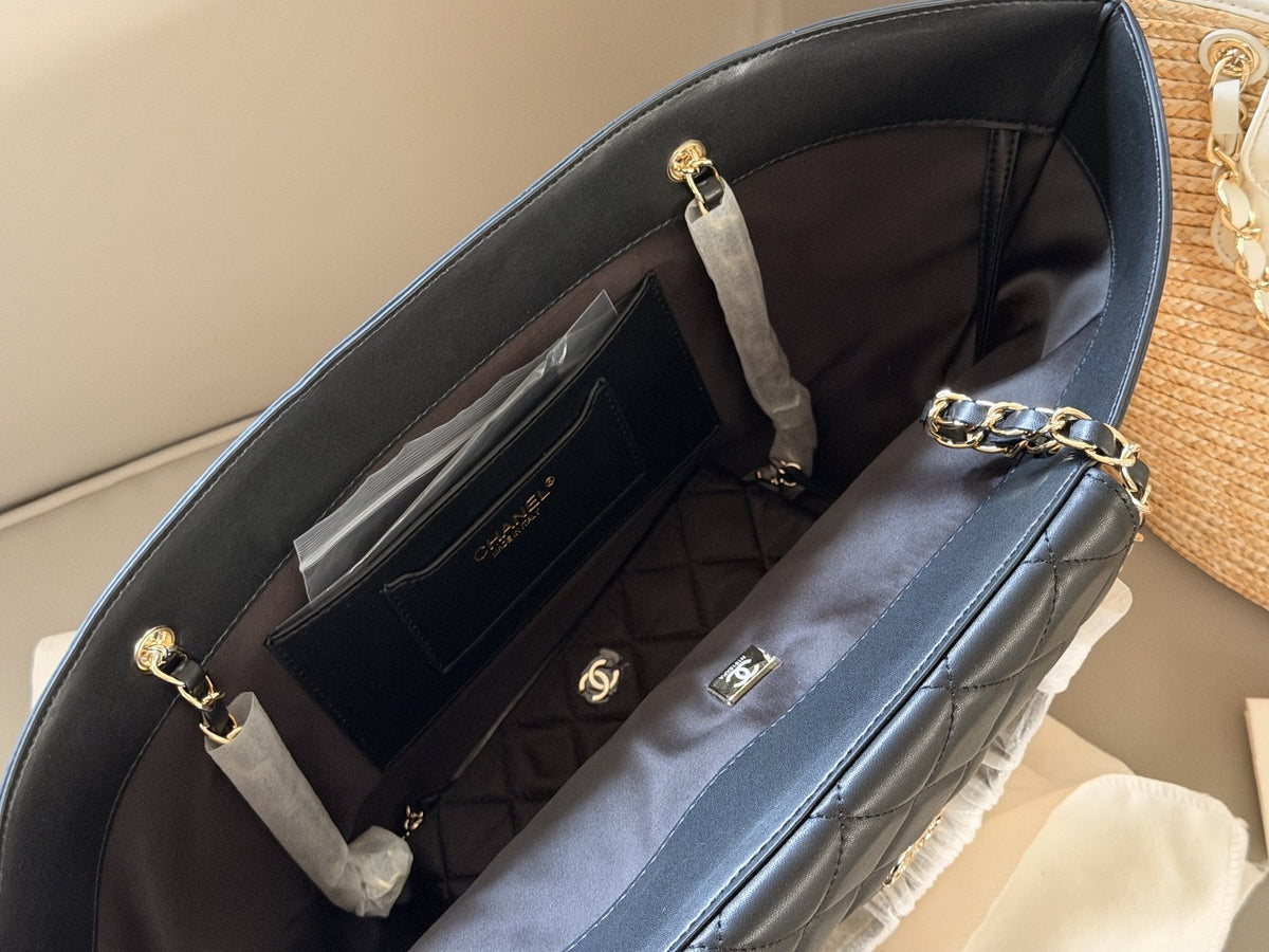 Chanel Woven Basket Bag with Quilted Flap — detail