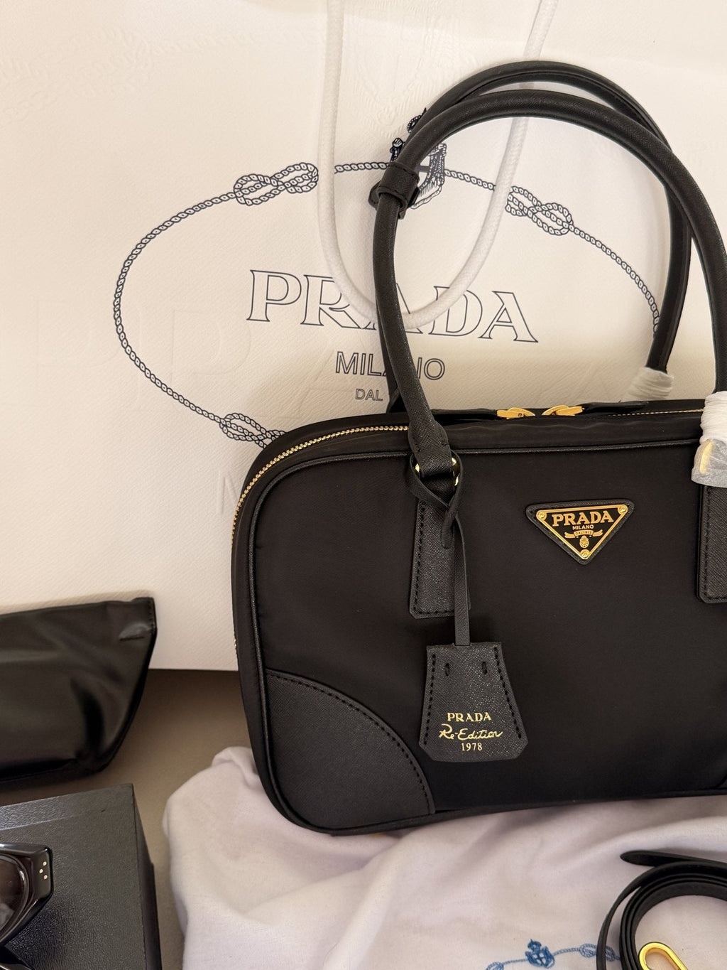 Prada Rounded Bowling Bag with Shoulder Strap — detail