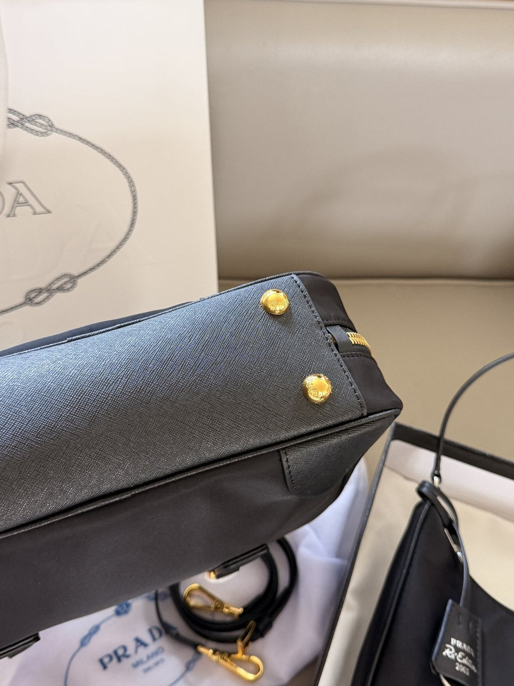 Prada Rounded Bowling Bag with Shoulder Strap — detail