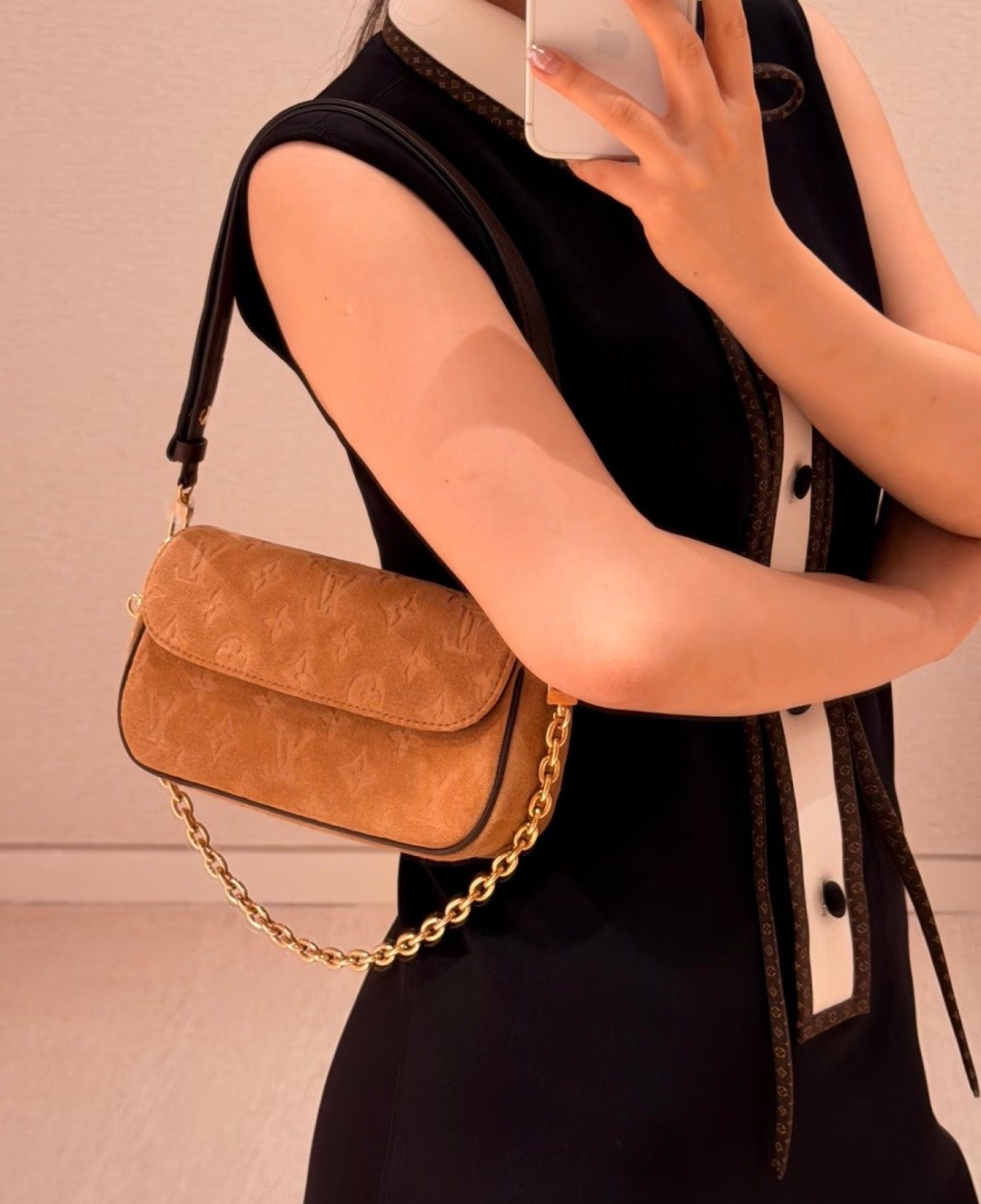 Louis Vuitton Tan Embossed Baguette Shoulder Bag — model