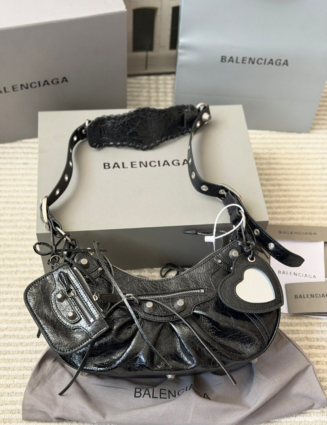 Balenciaga Le Cagole Studded Crescent Shoulder Bag — front