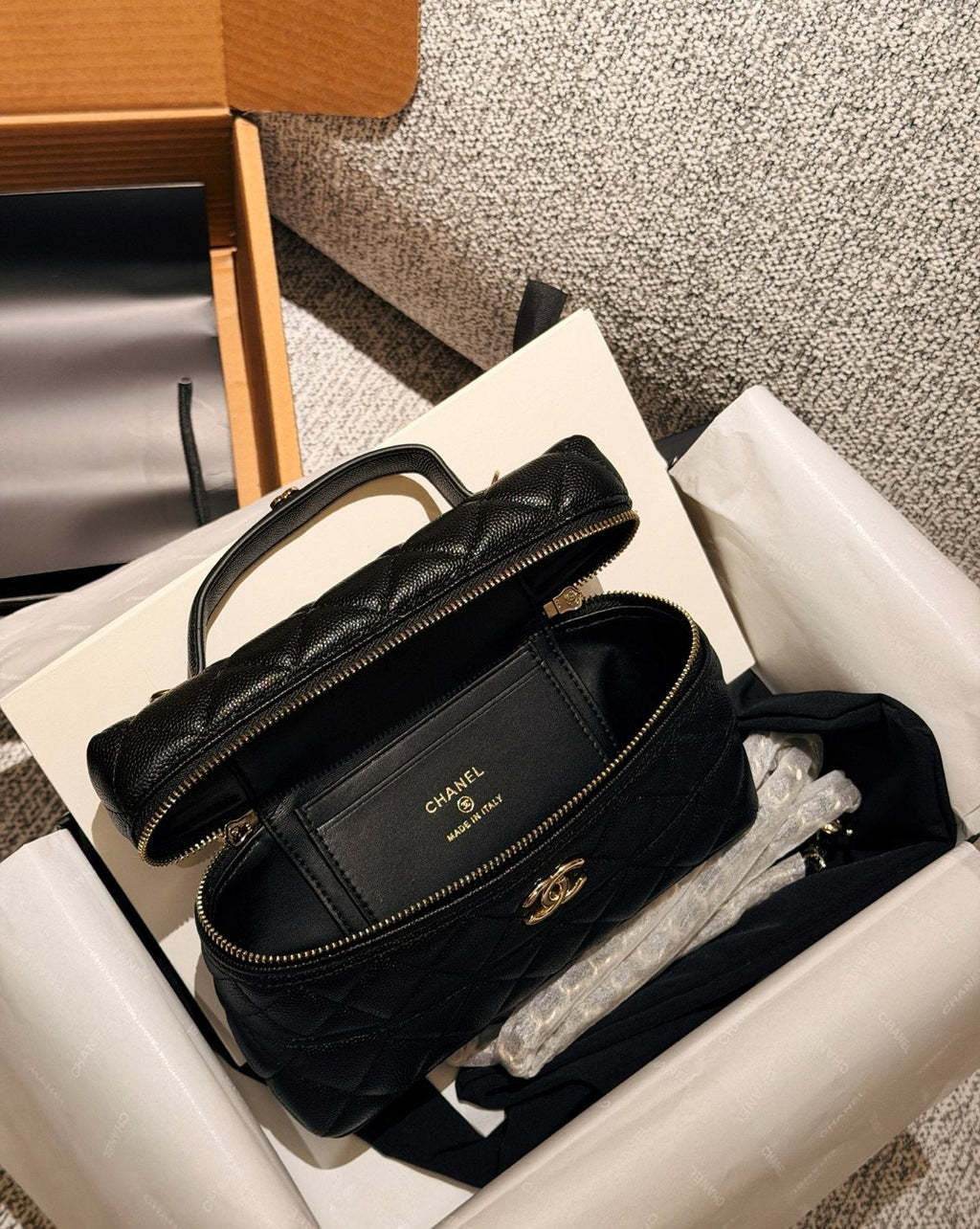 Chanel Black Quilted Box Top-Handle Bag — detail