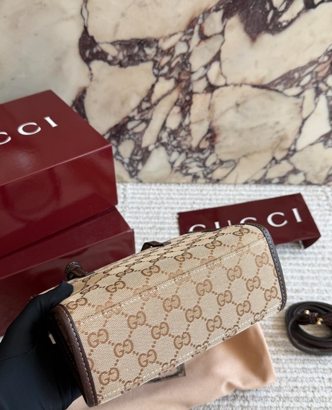 Gucci GG Pattern Tote with Double-G Ornament — detail