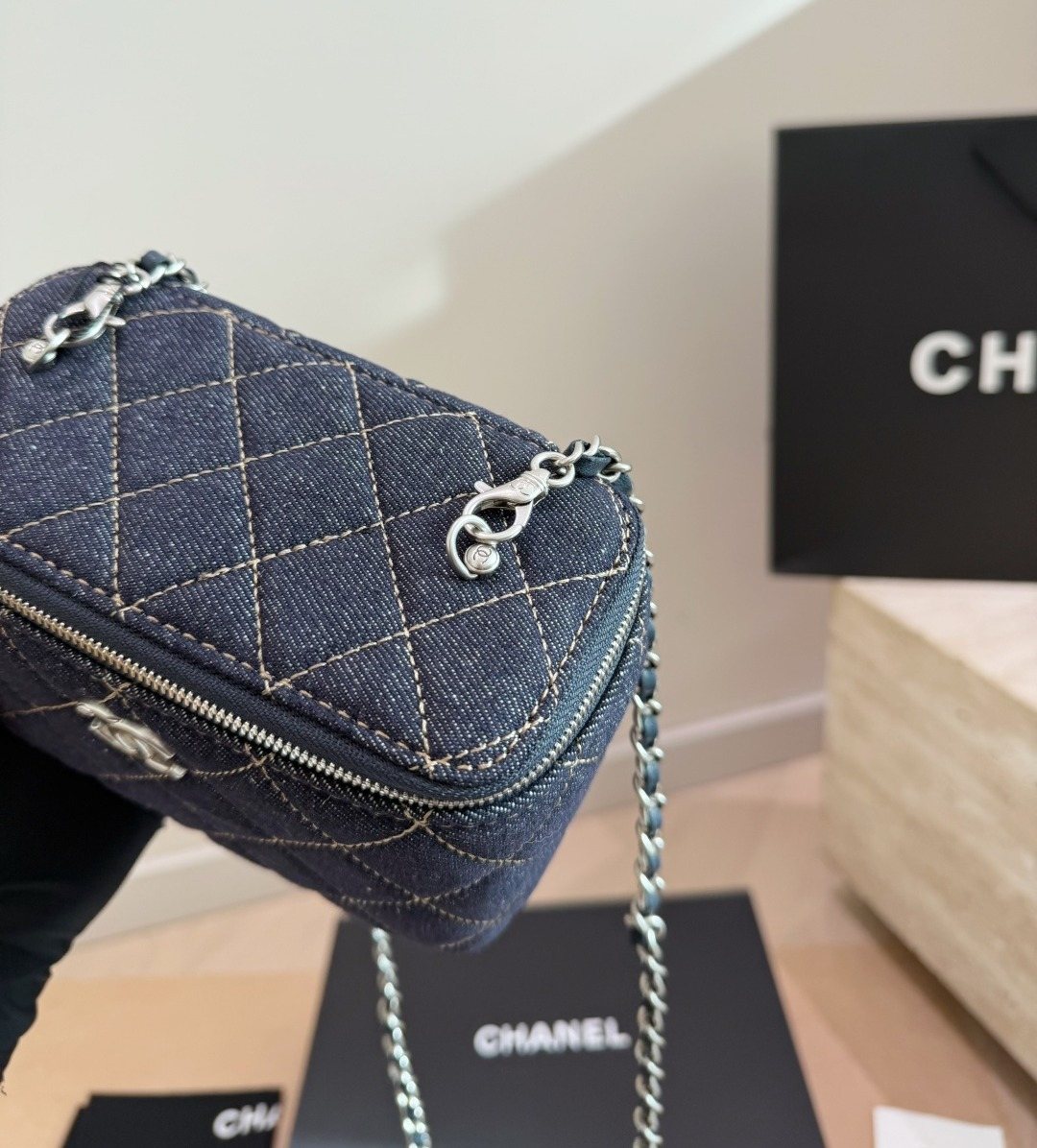 Chanel Quilted Denim Box Shoulder Bag — detail