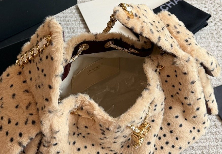 Chanel 25 Spotted Plush Bucket Bag — detail