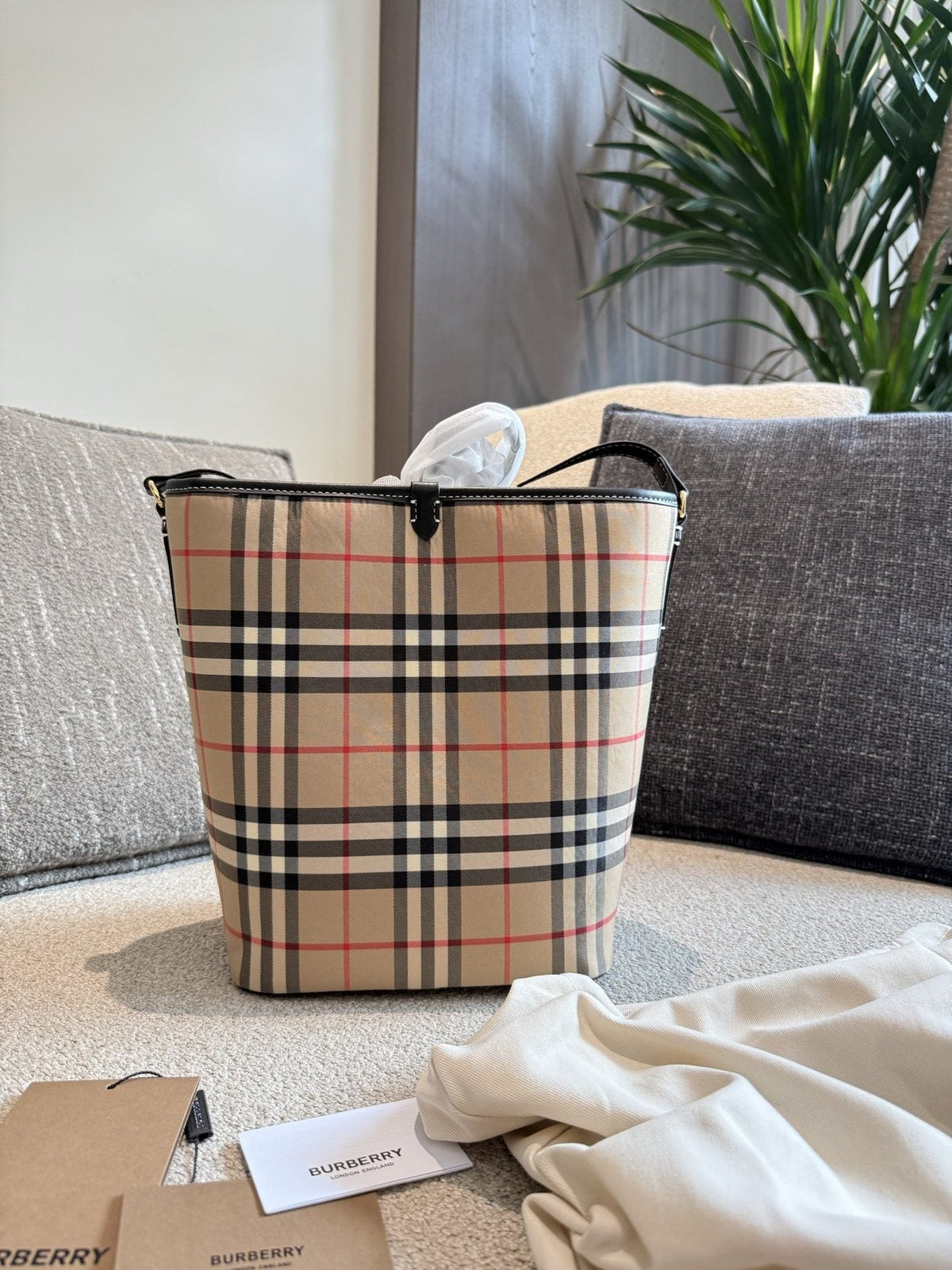 Burberry Beige Check Bucket Bag — back