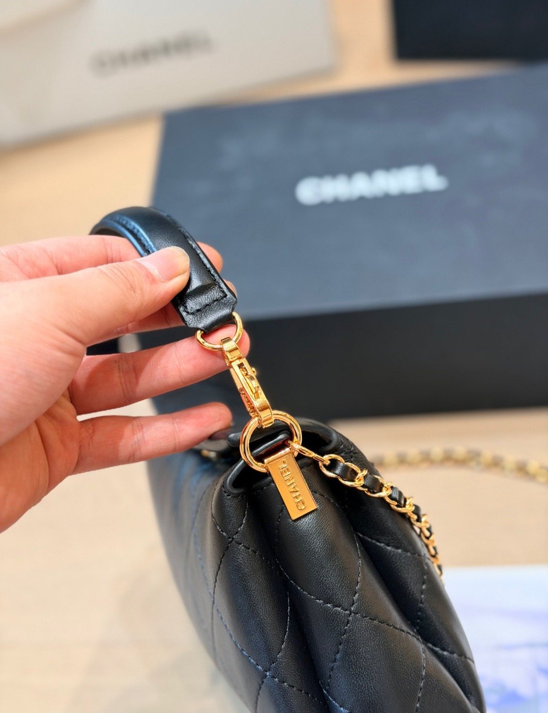 Chanel Rounded Diamond-Quilted Top-Handle Bag — detail