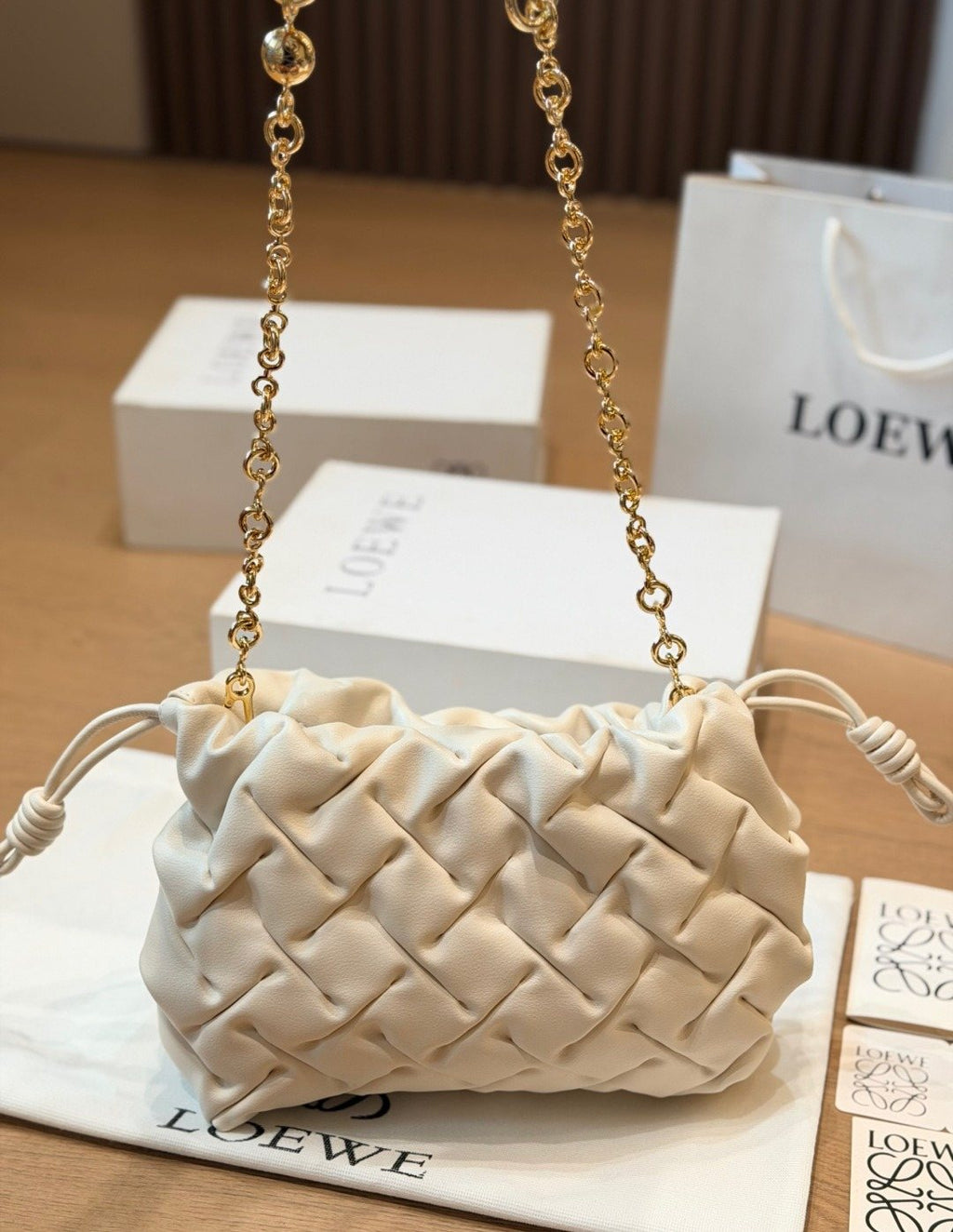 Cream Woven Drawstring Shoulder Bag — front