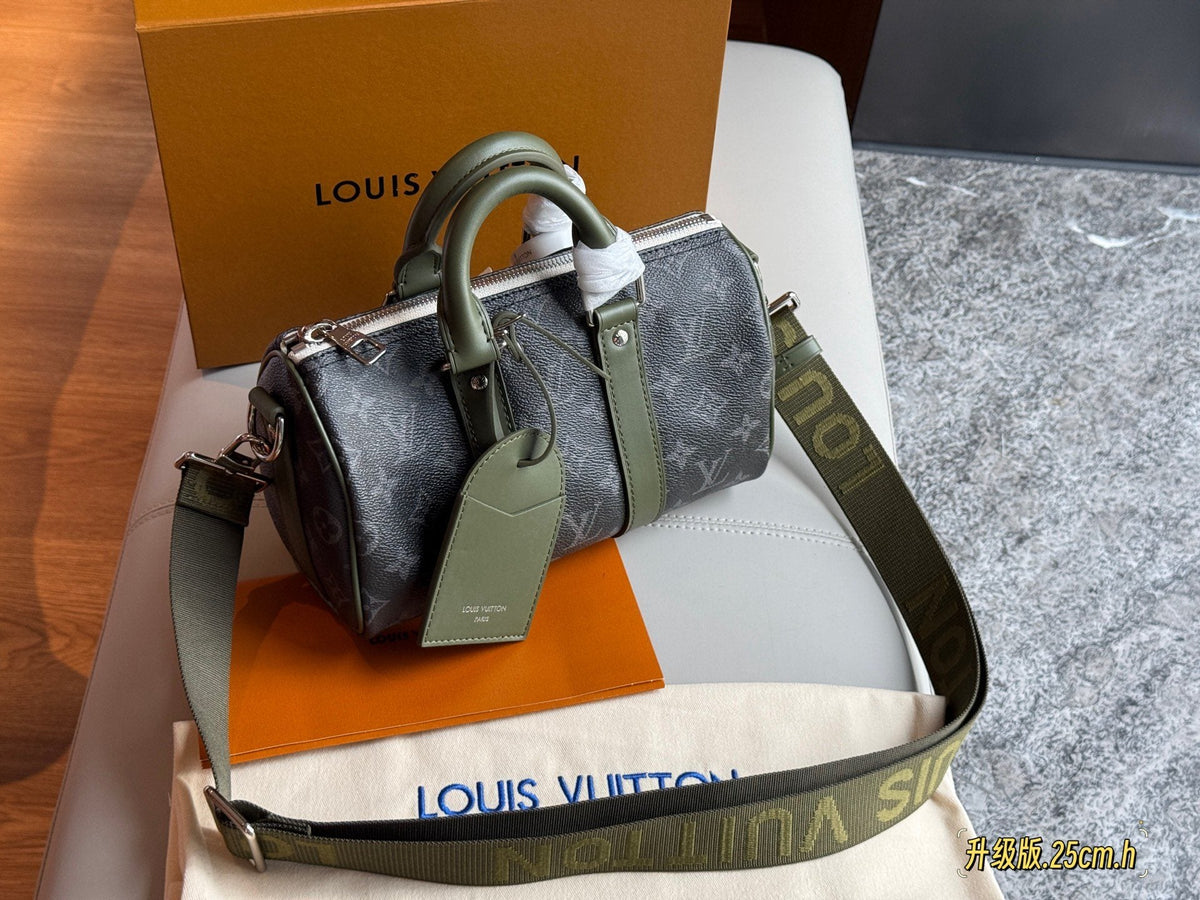 Louis Vuitton Keepall Monogram Duffel Bag with Olive Trim — hero