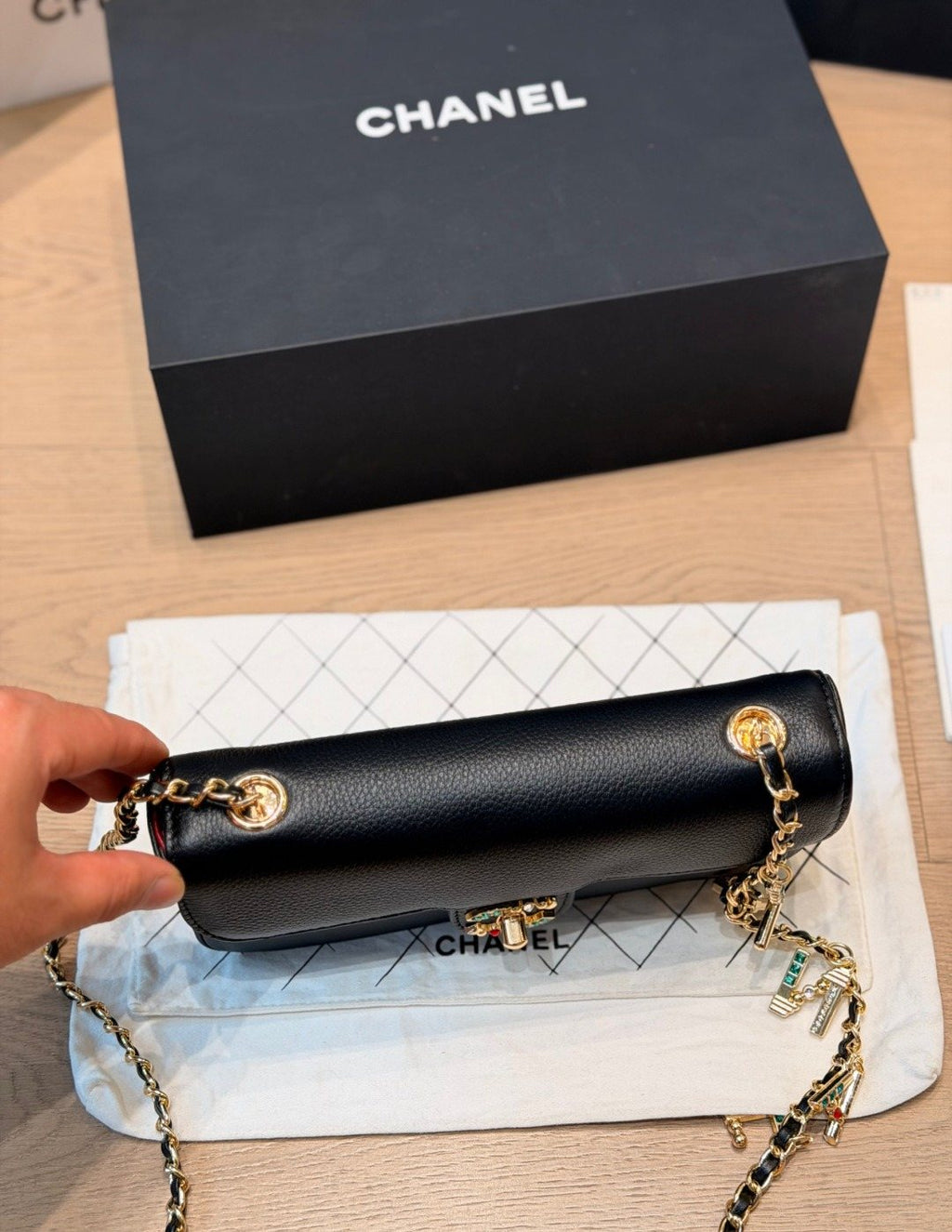 Chanel Letter-Charm Chain Flap Shoulder Bag — detail