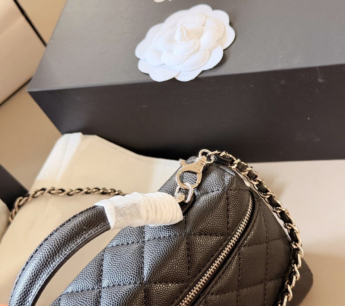 Chanel Diamond-Quilted Top-Handle Box Bag — detail