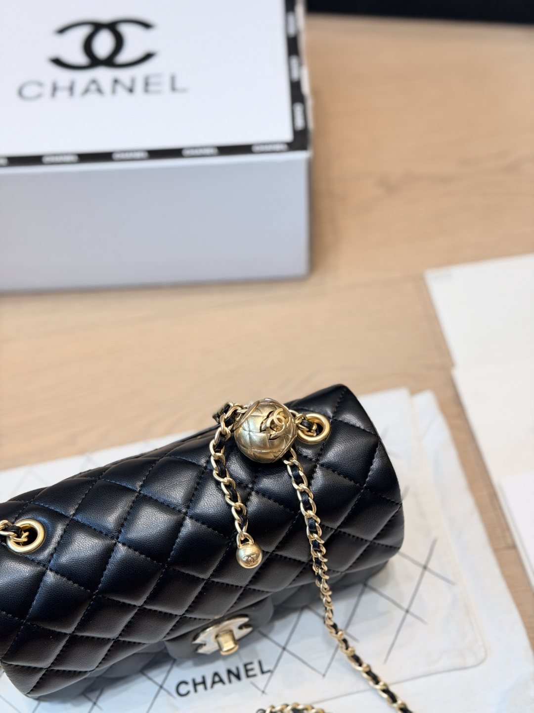 Chanel CF Quilted Flap Bag with Gold-Tone Ball Chain — detail