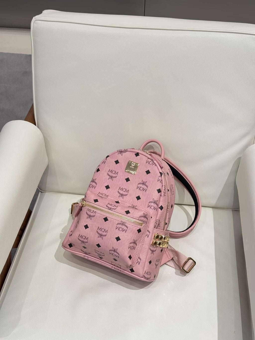 MCM Pink Monogram Backpack — front