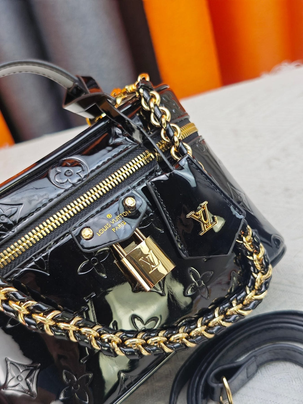Louis Vuitton Vanity Chain Pouch in Glossy Black Monogram — detail