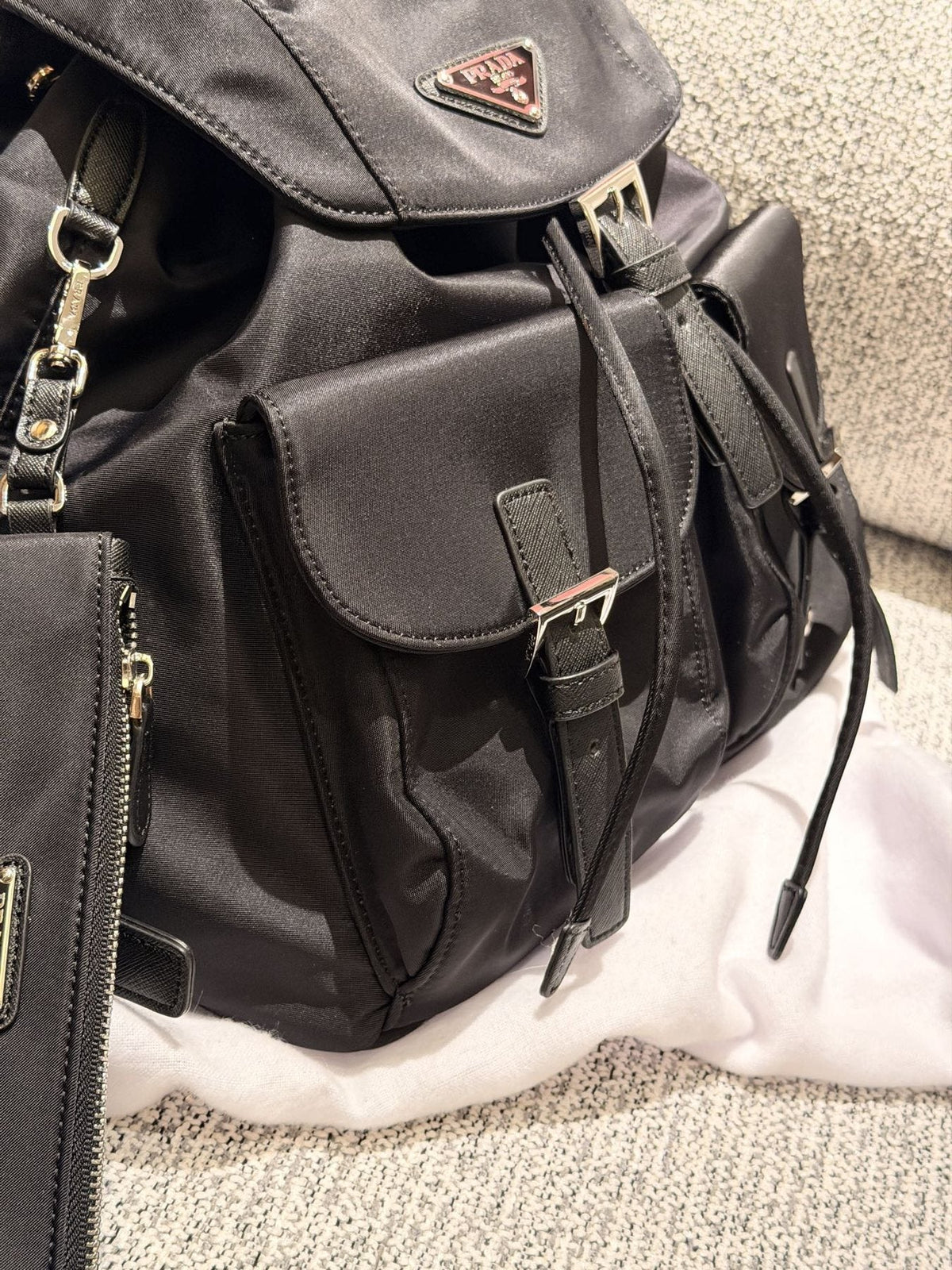 Prada Nylon Flap Backpack with Buckle Pockets — detail