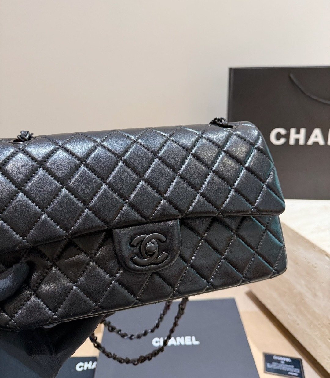 Chanel Black Diamond-Quilted Flap Shoulder Bag — detail