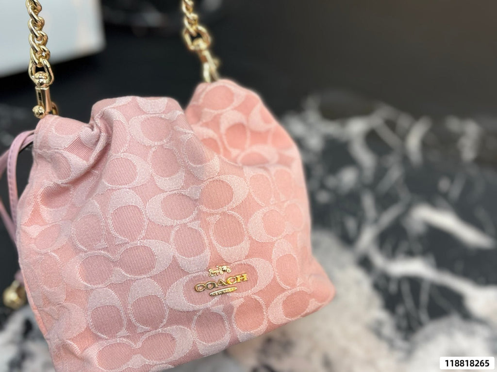Coach Pink C-Pattern Drawstring Bucket Bag — detail
