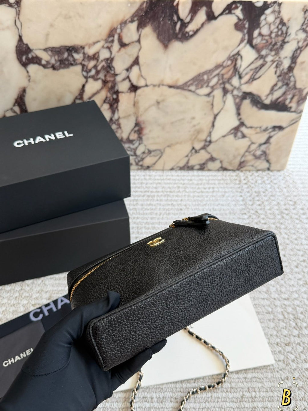 Chanel Pebbled Zip-Top Chain Handbag — front