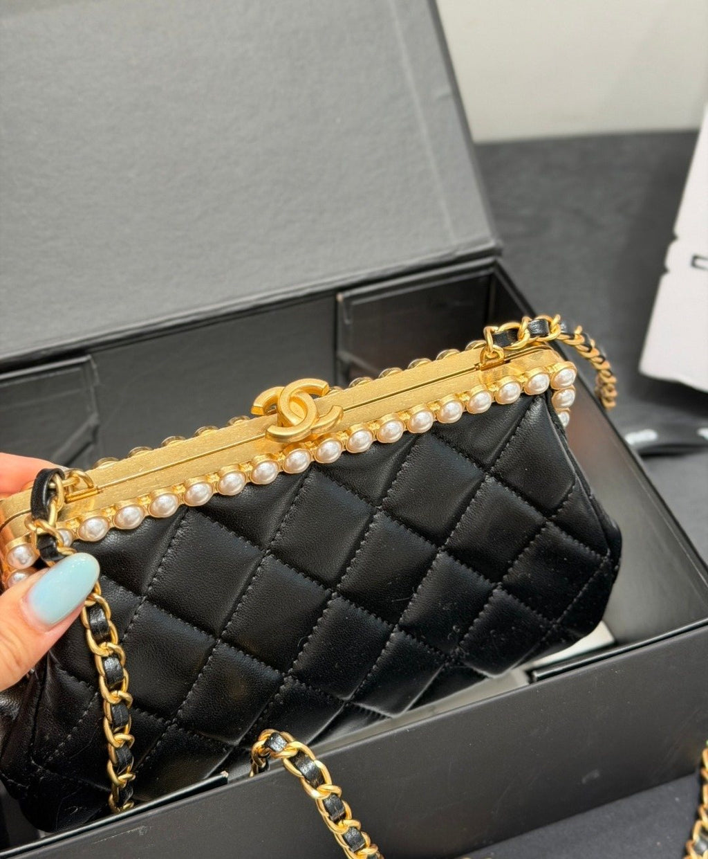Chanel Pearl-Trim Quilted Frame Bag — detail