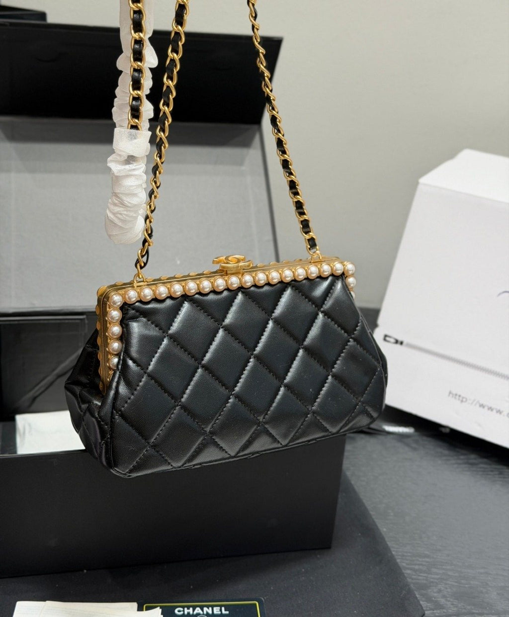 Chanel Pearl-Trim Quilted Frame Bag — front