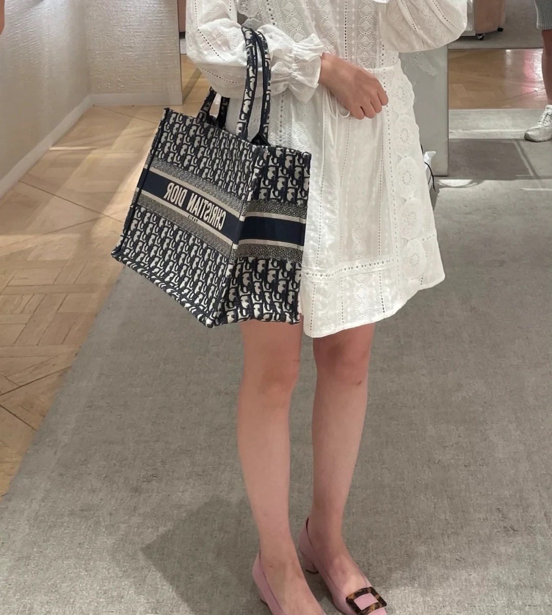 Dior Book Tote with Patterned Panels — model